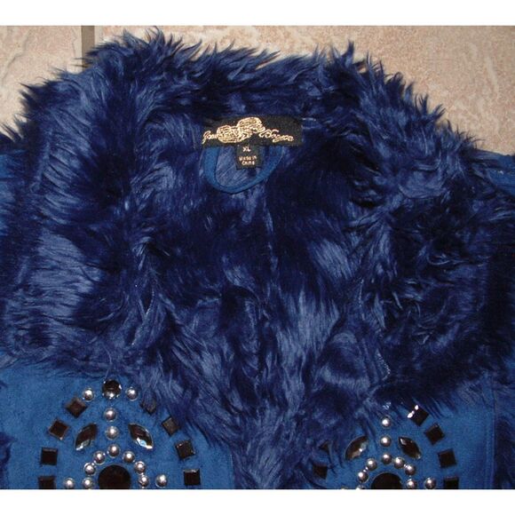 JOAN BOYCE Blue Sz XL Soft Faux Suede Embellished Front Faux Fur Lined Vest - Picture 2 of 5